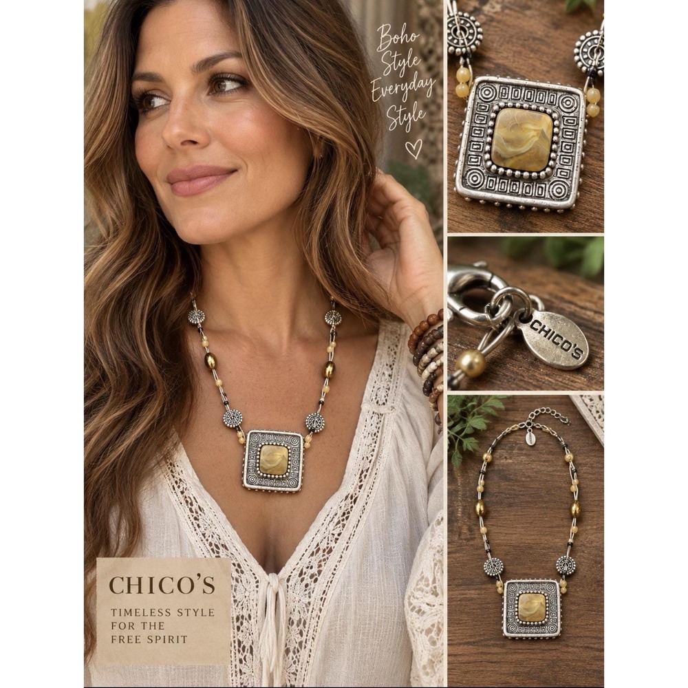 Vintage Chico's Necklace Square Pendant Faux Stone Mixed Metal Boho Southwestern
